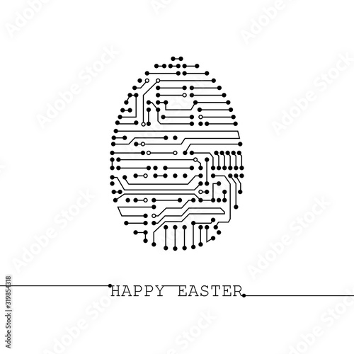 Greeting card with Easter egg made of lines and dots in futuristic stile. Happy Easter  inscription. Technical illustration made for banner/poster/postcard/web. Black and white. Vector abstract image