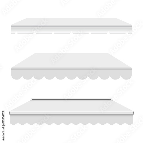 White empty commercial vector awning. Market, cafe, or restaurant desing element. Three different pure white awnings isolated on white background.