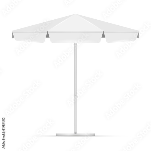 White empty beach umbrella commercial vector awning. Market, cafe, or restaurant desing element. Blank round market tent canopy mock up isolated on white background.