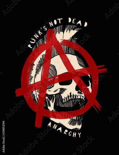 Punk rock anarchy skull with a mohawk haircut. Rock music print vector illustration.