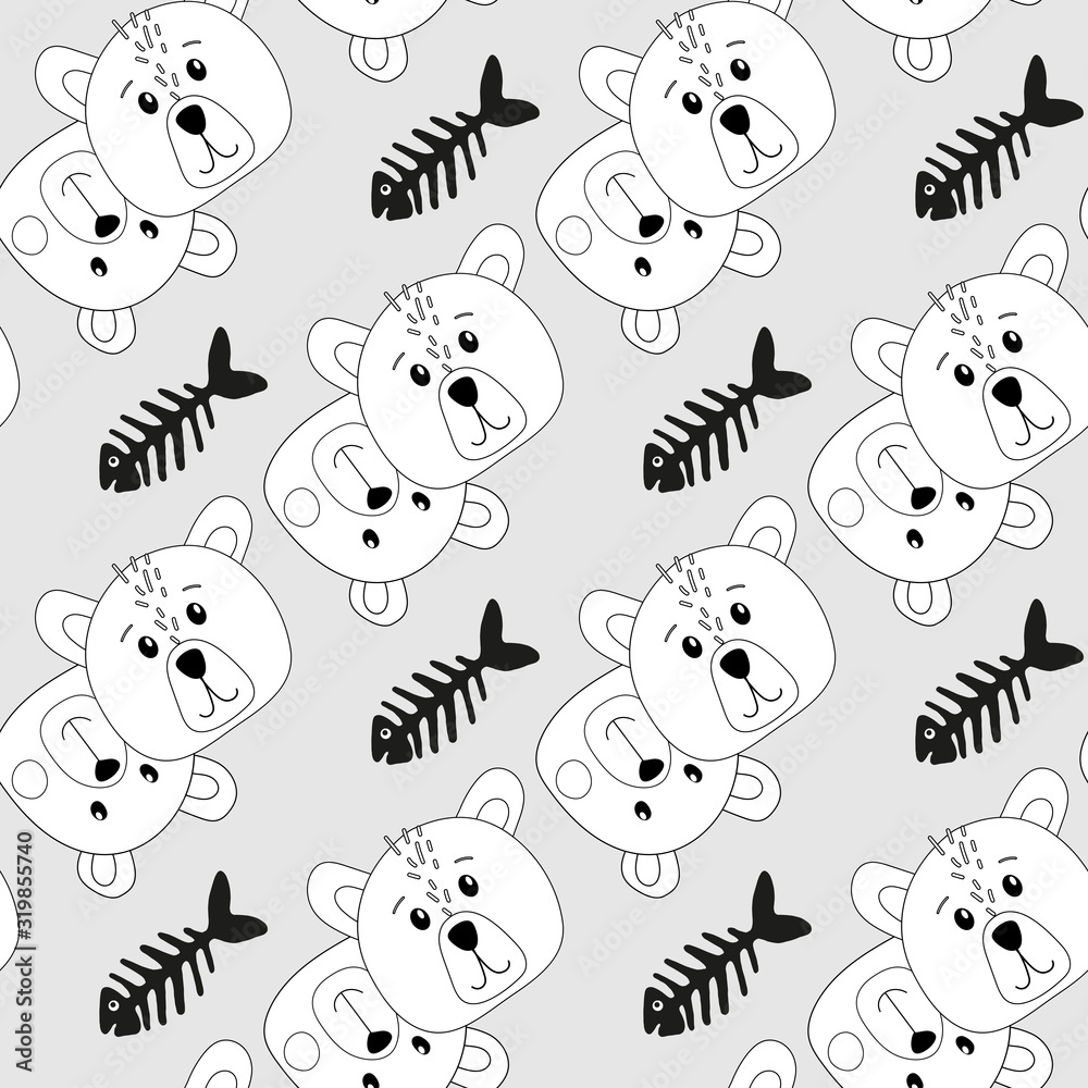 Obraz premium Seamless pattern with cute kawaii bears and fish skeletons on a grey background. Vector illustration, cartoon.