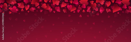 Banner with pink and red valentines hearts. Valentines greeting background. Horizontal holiday background, headers, posters, cards, website. Vector illustration