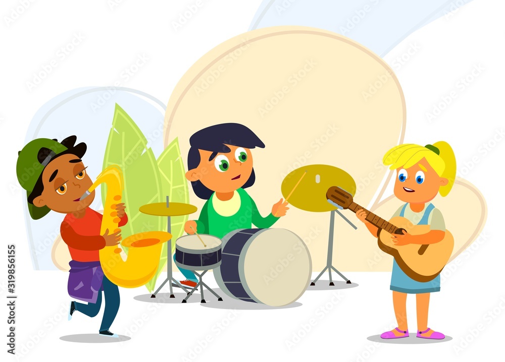Musical children's band on a white background. Singer and musicians. Vector illustration Musical children's band on a white background. Singer and musicians. Vector illustration