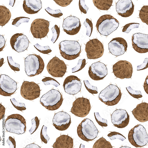 Seamless pattern with fresh coconut on white background. Hand drawn watercolor illustration.