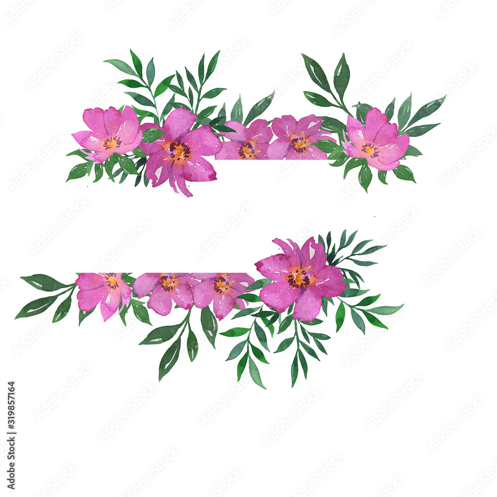 Doodle pink flowers and decorative green leaves border isolated on white background. Greeting card or wedding invitation design. Hand drawn watercolor illustration.