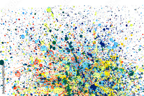 Abstract paint splashes and drops isolated on white background. Colorful spots of gouache paint..