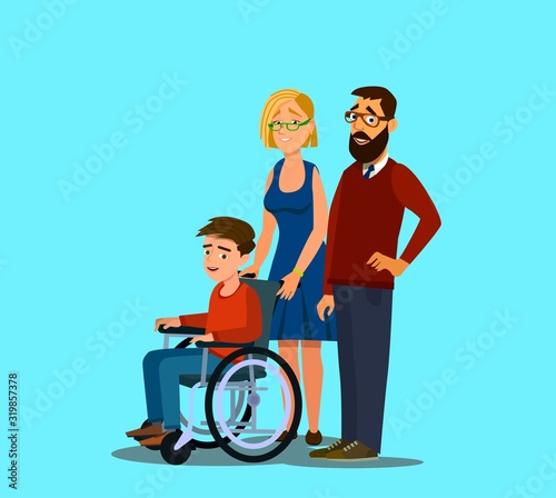 Cheerful family with disabled child in a wheelchair flat design vector illustration. Character design on parents and their limited abilities son together smiling