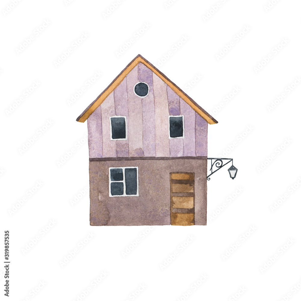 Decorative wood house isolated on white background. Hand drawn watercolor illustration. Decorative wood house isolated on white background. Hand drawn watercolor illustration.