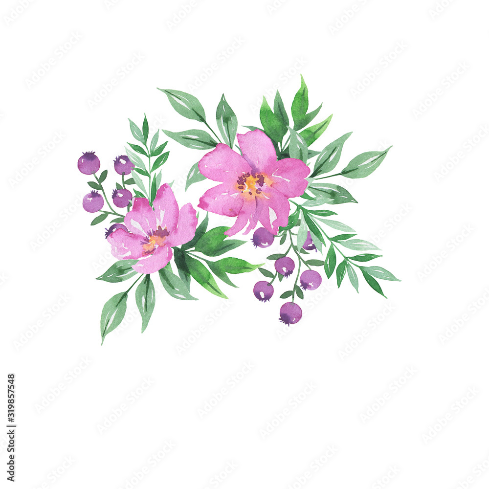 Pink flowers, violet berries and green leaves decorative bouquet isolated on white background. Hand drawn watercolor illustration.