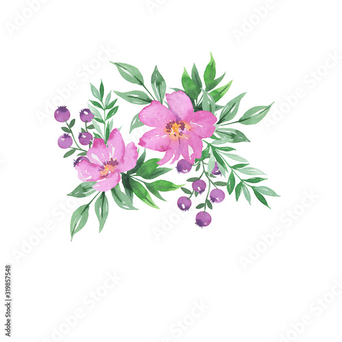 Pink flowers  violet berries and green leaves decorative bouquet isolated on white background. Hand drawn watercolor illustration.