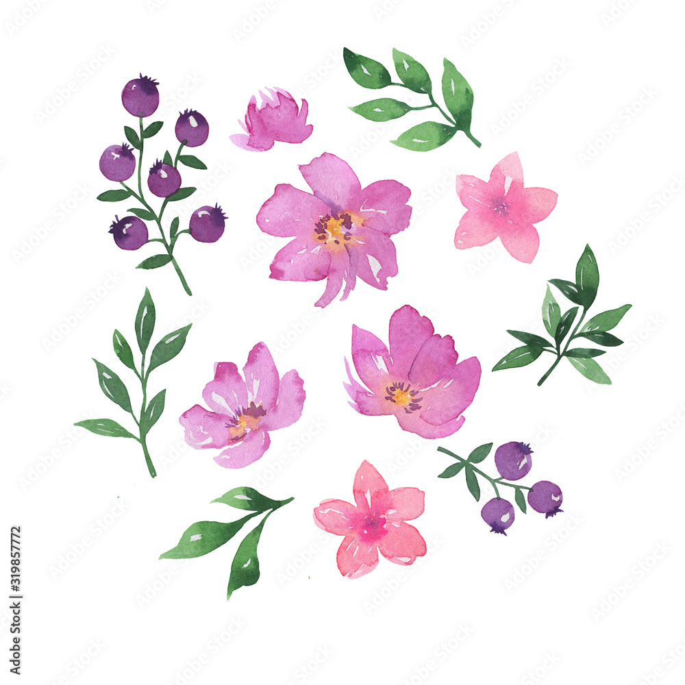 Set of doodle green leaves and branches, lilac berries and pink flowers isolated on white background. Hand drawn watercolor illustration.