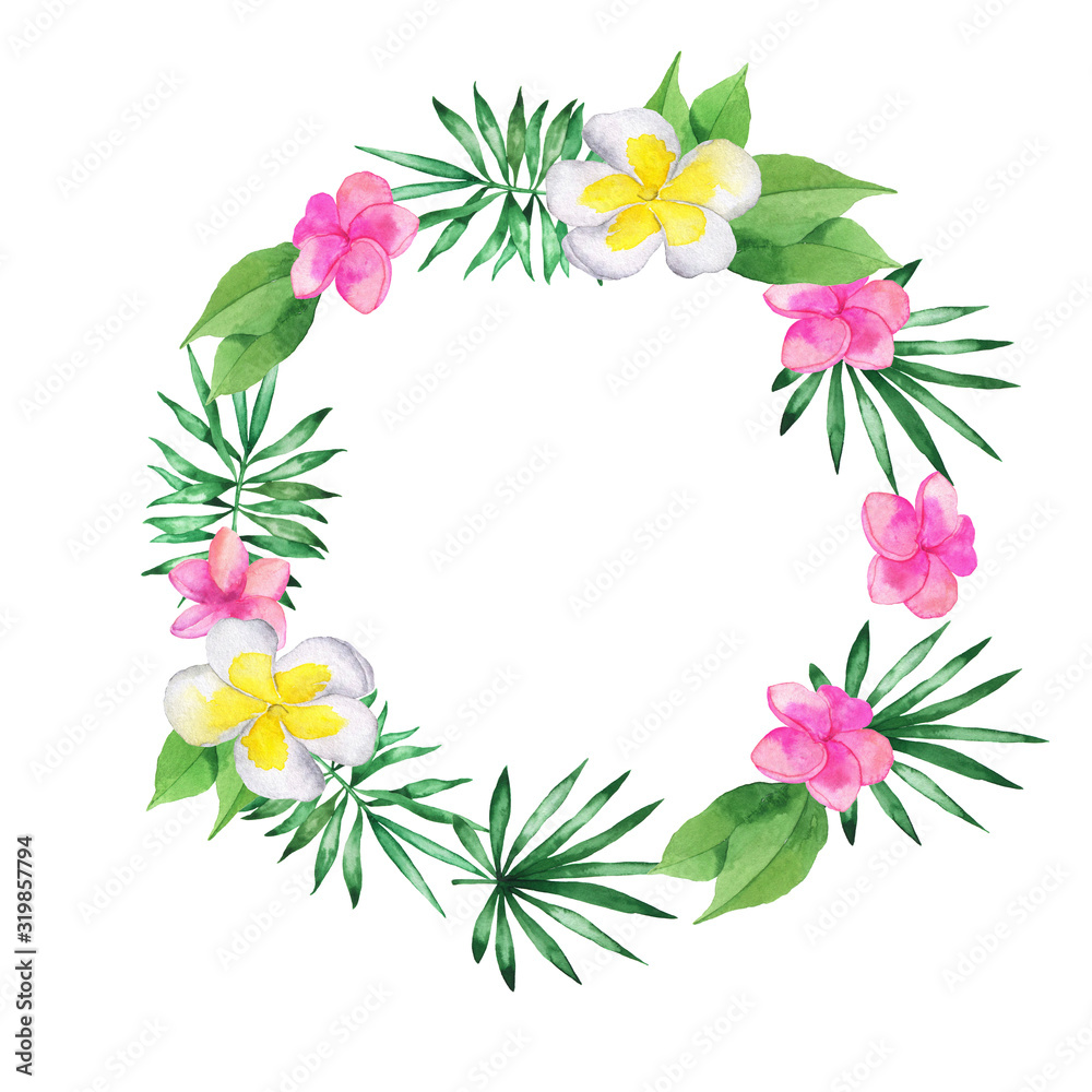 Tropical plumeria flowers and green leaves round frame isolated on white background. Hand drawn watercolor illustration.