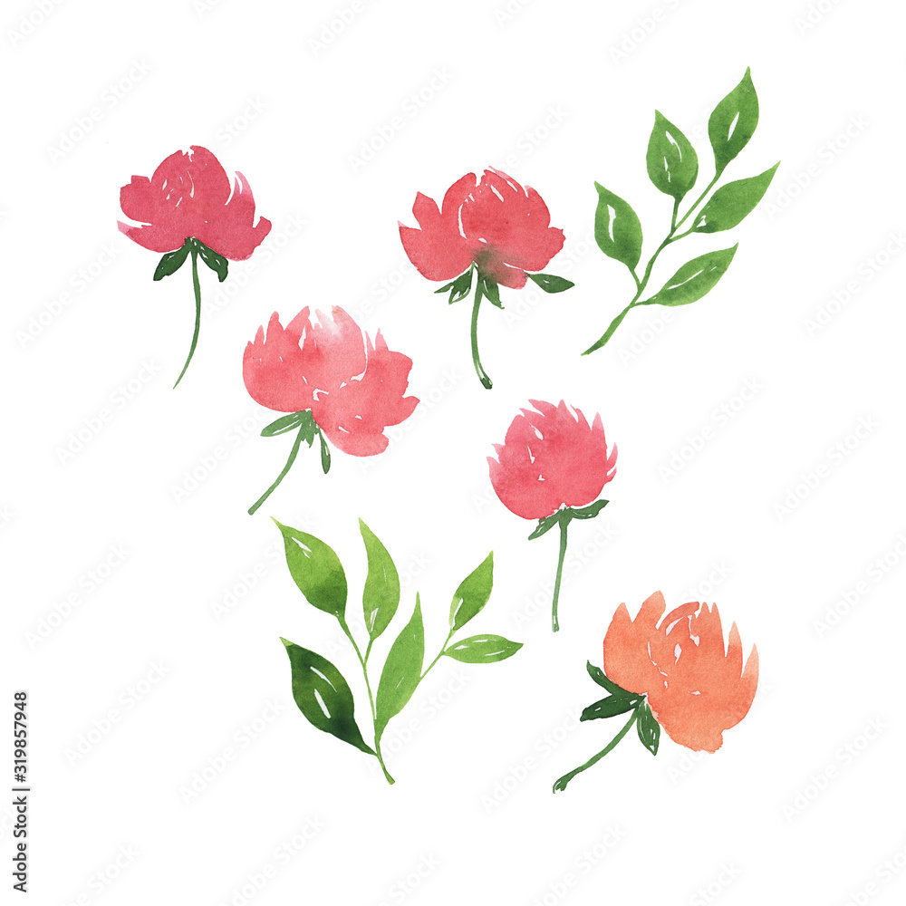 Set of doodle red flowers and green leaves isolated on white background. Hand drawn watercolor illustration.