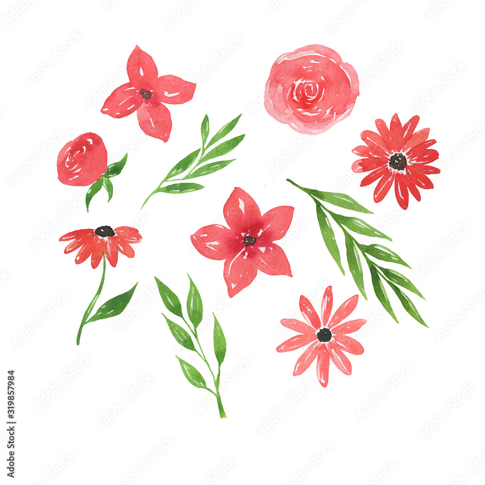 Doodle red flowers and green leaves collection isolated on white background. Hand drawn watercolor illustration.