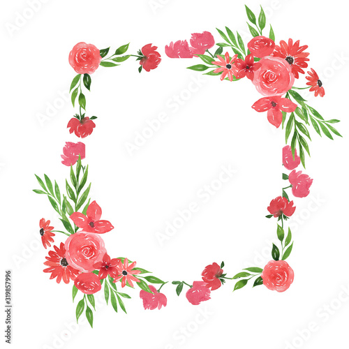 Red doodle flower bouquet and green leaves frame isolated on white background. Wedding invitation or greeting card design. Hand drawn watercolor illustration.