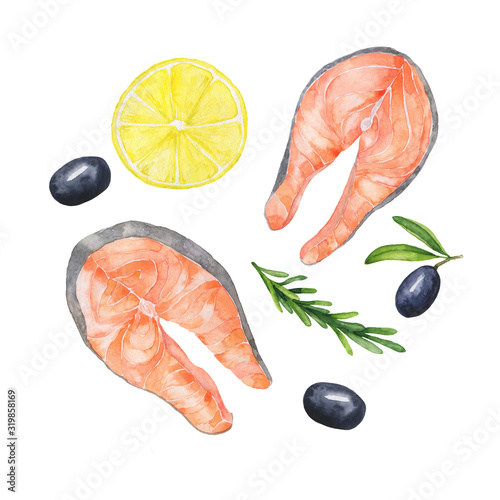 Set of raw salmon fish steak, green rosemary, lemon slice and dark olives isolated on white background. Hand drawn watercolor illustration.
