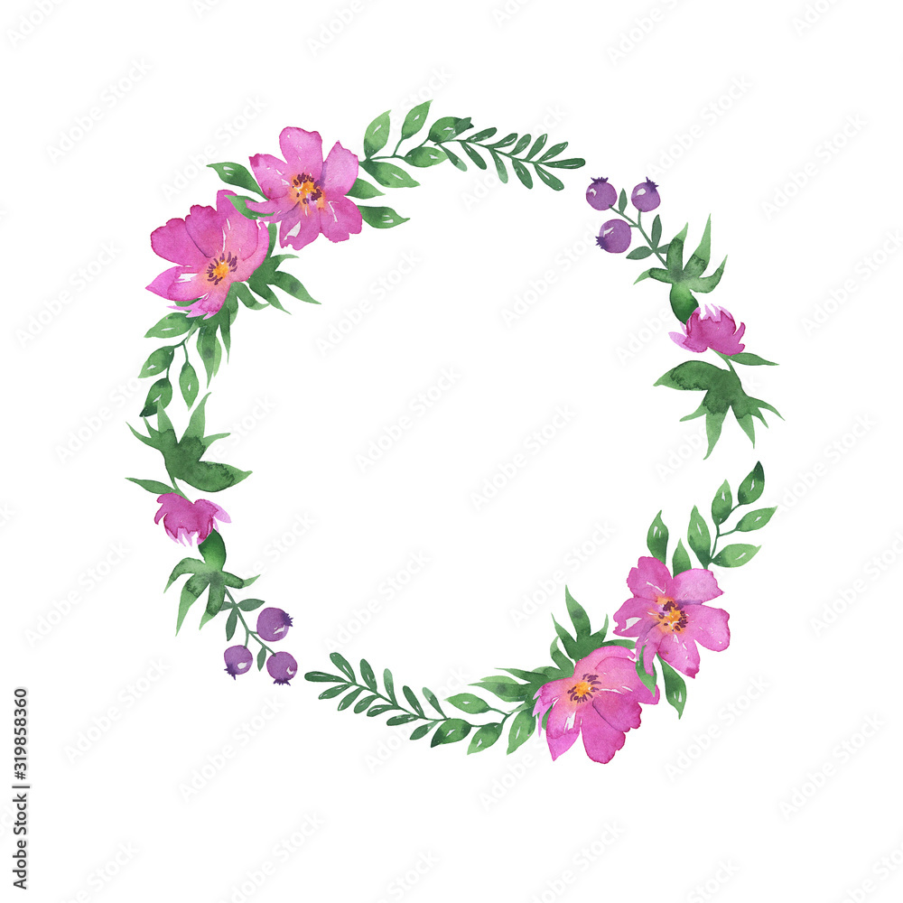 Pink flowers and green leaves decorative wreath isolated on white background. Greeting card or wedding invitation design. Hand drawn watercolor illustration.
