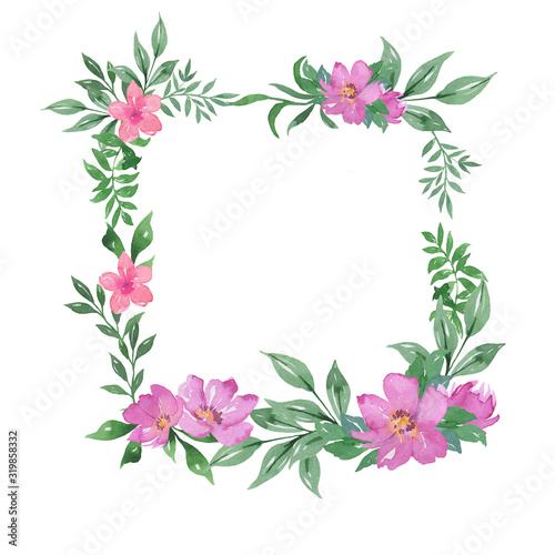 Decorative pink and lilac flowers and green leaves border isolated on white background. Greeting card or wedding invitation design. Hand drawn watercolor illustration.