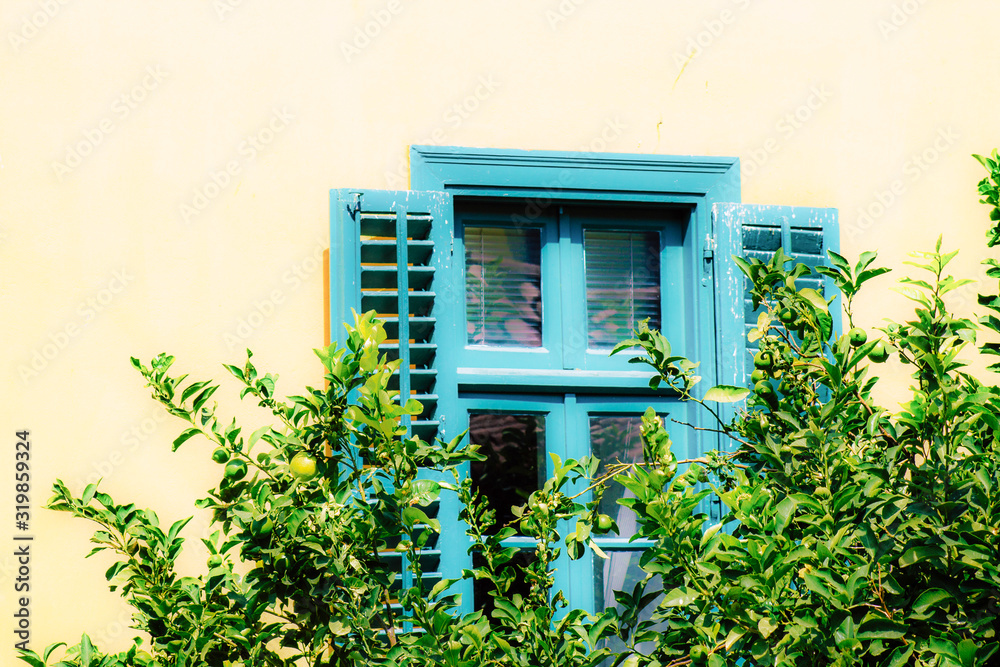 Closeup of a facade of a house in the Plaka neighborhood in Athens