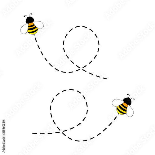 Bee flying on a dotted route isolated on the white background