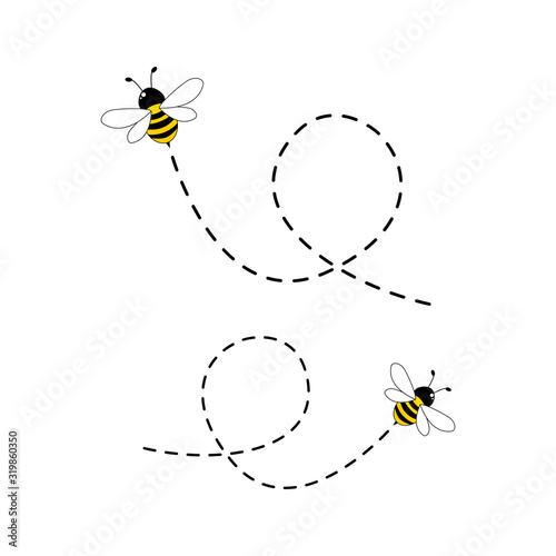 Bee flying on a dotted route isolated on the white background