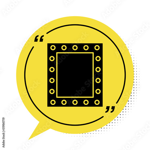Black Makeup mirror with lights icon isolated on white background. Yellow speech bubble symbol. Vector Illustration