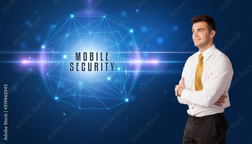 Businessman thinking about security solutions with MOBILE SECURITY inscription Businessman thinking about security solutions with MOBILE SECURITY inscription