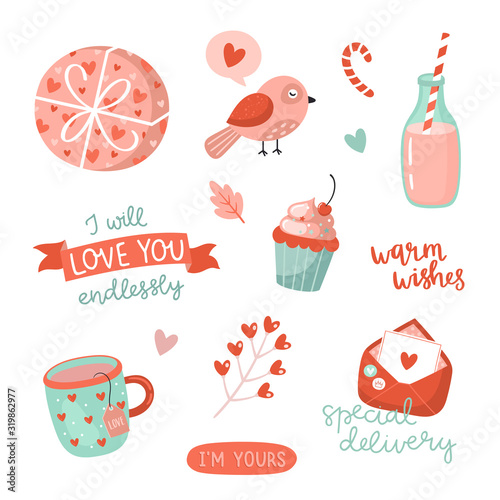 Cute love stickers with Valentines day elements and romantic topography.