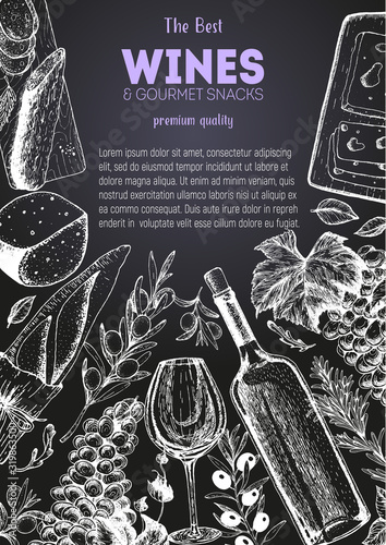 Wines and gourmet snacks frame vector illustration. Cheese, sausages, bread, grape hand drawn. Gourmet food set.