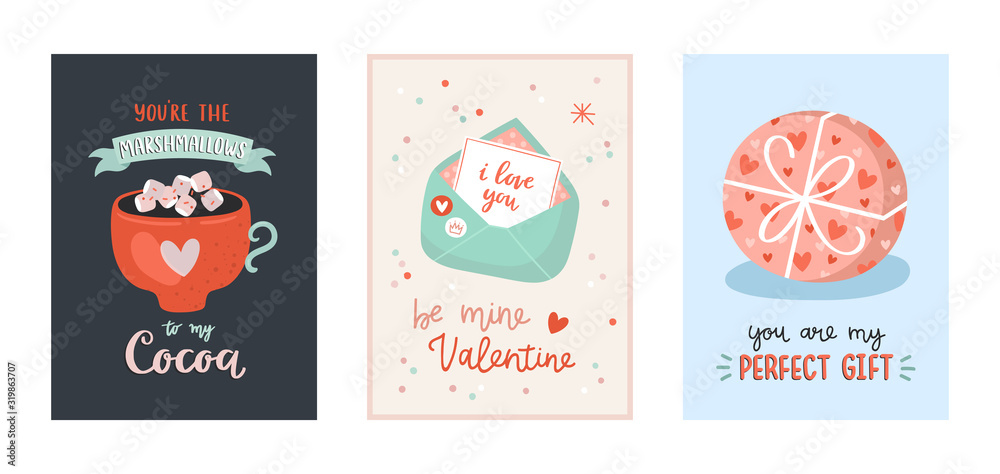 Collection of Valentines day greeting cards. Vector hand drawn illustrations and lettering.