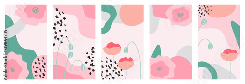Set of abstract spring flowers backgrounds for social media, promotional content. Trendy pastel colors.