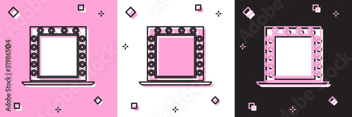 Set Makeup mirror with lights icon isolated on pink and white, black background. Vector Illustration