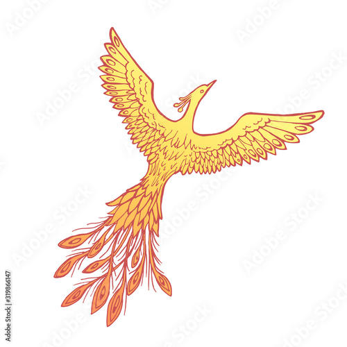 Vector image of a fiery flaming firebird phoenix on a white background.