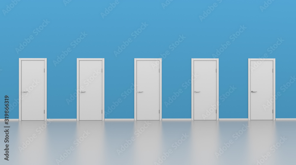 Five Closed White Doors with Blue Wall Five Closed White Doors with Blue Wall