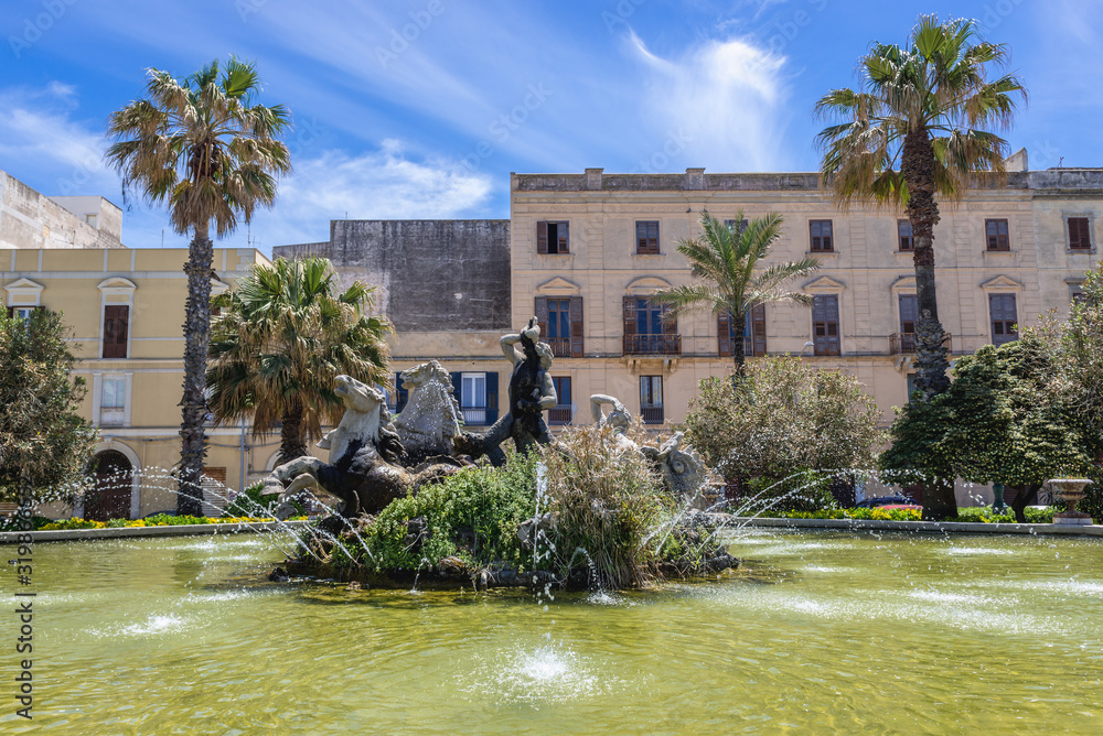 Triton Fountain located on Square of Victor Emmanuel in Trapani, capital of Trapani Province on Sicily Island in Italy