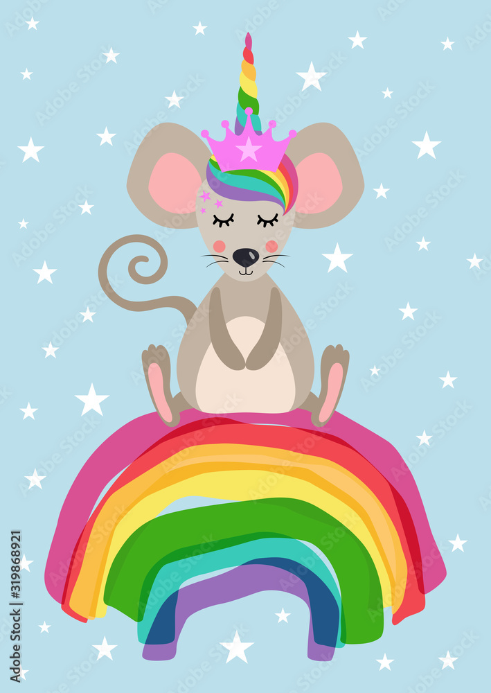 Greeting card with cute unicorn mouse sitting on rainbow Greeting card with cute unicorn mouse sitting on rainbow