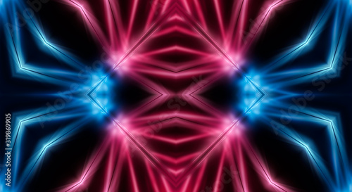 Dark background  blue and pink neon lines. Symmetric reflection of geometric shapes.