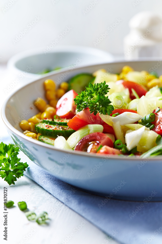 Healthy and tasty salad with cherry tomatoes, cucumber and sweet corn. Healthy and tasty salad with cherry tomatoes, cucumber and sweet corn.