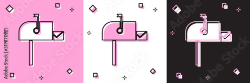 Set Open mail box icon isolated on pink and white, black background. Mailbox icon. Mail postbox on pole with flag. Vector Illustration