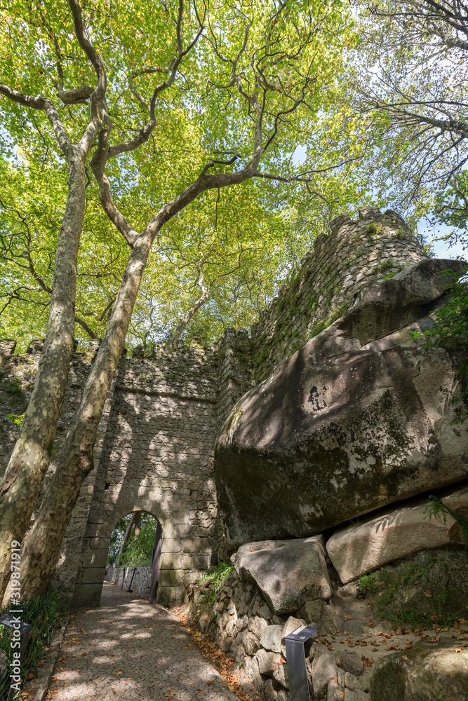 Lush trees, boulder and part of the surrounding wall of the medieval hilltop castle Castelo dos Mouros (The Castle of the Moors) in Sintra, Portugal. Lush trees, boulder and part of the surrounding wall of the medieval hilltop castle Castelo dos Mouros (The Castle of the Moors) in Sintra, Portugal.