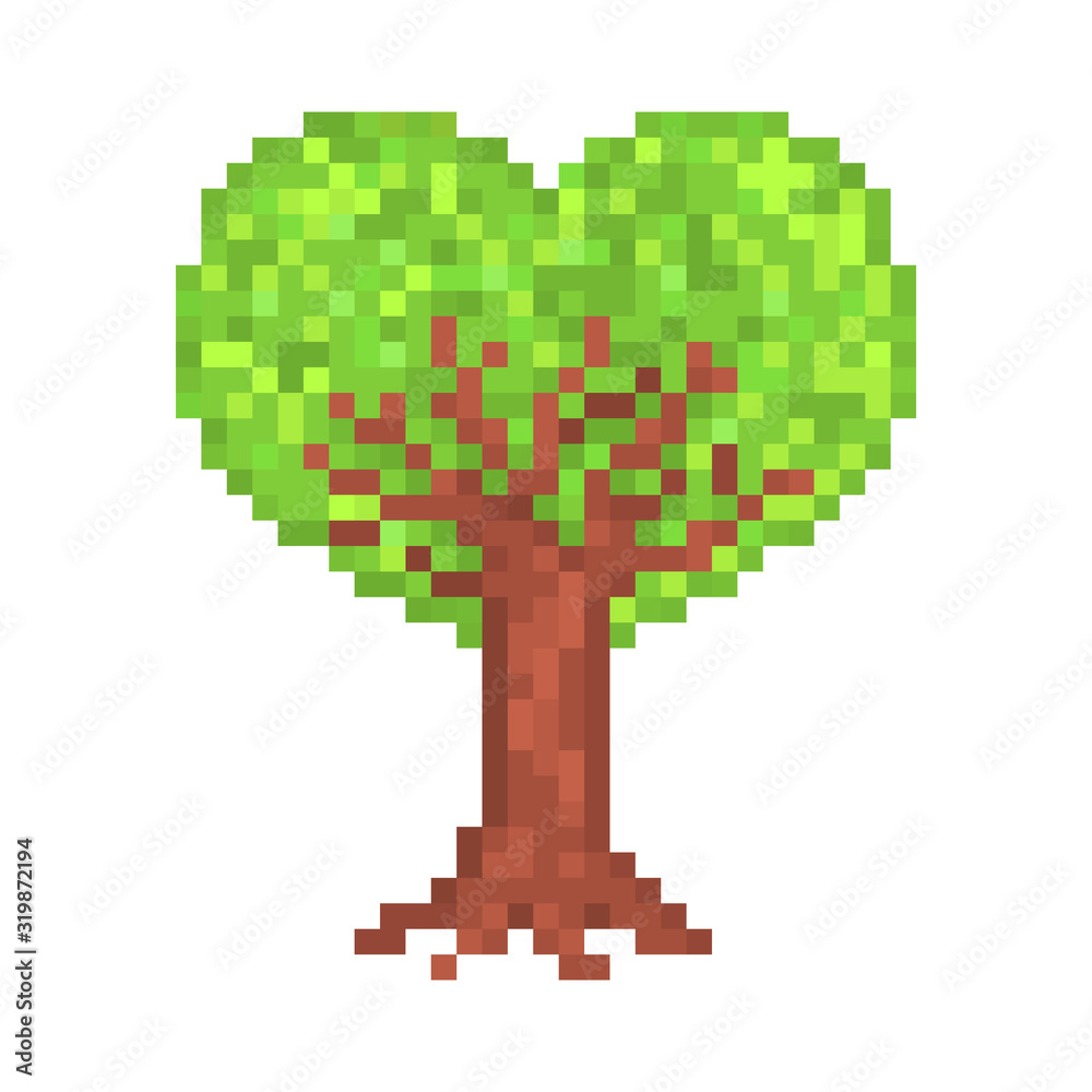 Fototapeta premium 8 bit pixel art heart-shaped crown tree isolated on white, symbol of love growing, Valentine's day, nature care, ecology issues, environmental problems, climate change concerns, forest protection.
