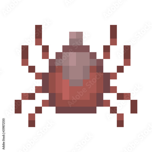 Pixel art tick icon isolated on white background. 8 bit dangerous parasite, Lyme disease carrier symbol. Old school vintage retro slot machine/video game graphics.