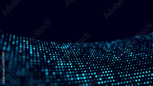 Abstract dark background with movement of luminous particles. Digital technology. 3D rendering.