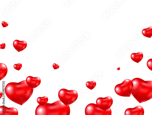 Valentine's day card. Red balloon heart falling on white background. Romantic frame. Bright helium balloons. Heart shaped air ballon. Vector illustration