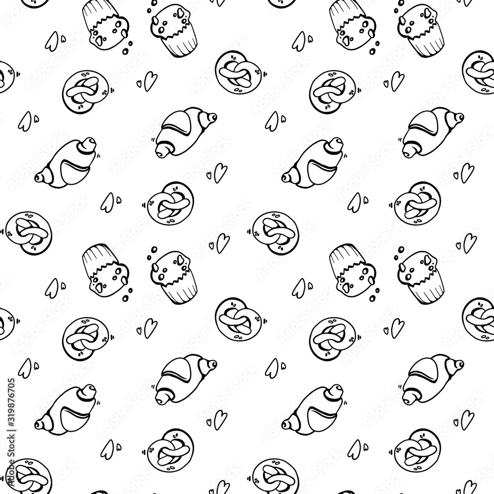 Digital illustration pattern on a white background with line chocolate muffin. Print for banners, posters, cards, fabrics, invitations, cafes. Digital illustration pattern on a white background with line chocolate muffin. Print for banners, posters, cards, fabrics, invitations, cafes.