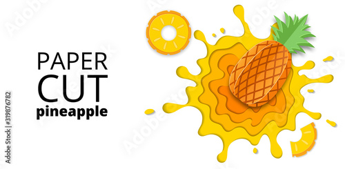 Paper cut pineapple juice splashes and drops. Isolated on white background