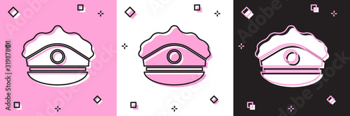 Set Police cap with cockade icon isolated on pink and white, black background. Police hat sign. Vector Illustration