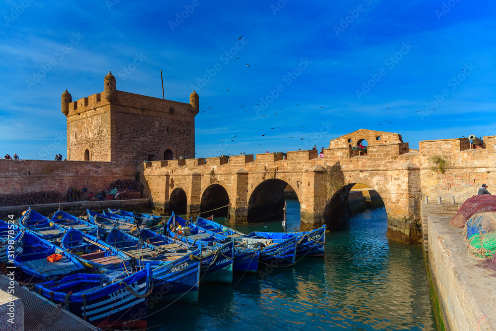 The famous blue boats in the port of Essaouira. Essaouira, Morocco.