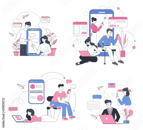 Online chatting outline concept illustrations set. Social media modern communication, internet forum, messaging and sharing. People typing messages, networking lineart characters