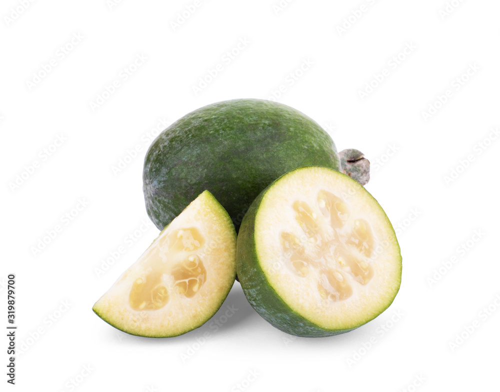 Green feijoa fruits isolated on white background. Fruits of feijoa on a white background. Tropical fruit feijoa isolated on white background Green feijoa fruits isolated on white background. Fruits of feijoa on a white background. Tropical fruit feijoa isolated on white background
